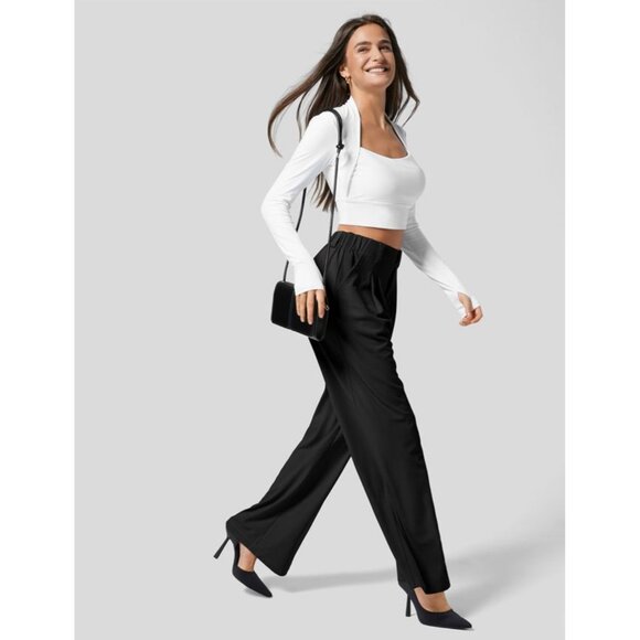 Halara High Waisted Wide Leg Waffle Casual Pants Sz Medium Womens Black Plicated - Picture 2 of 10